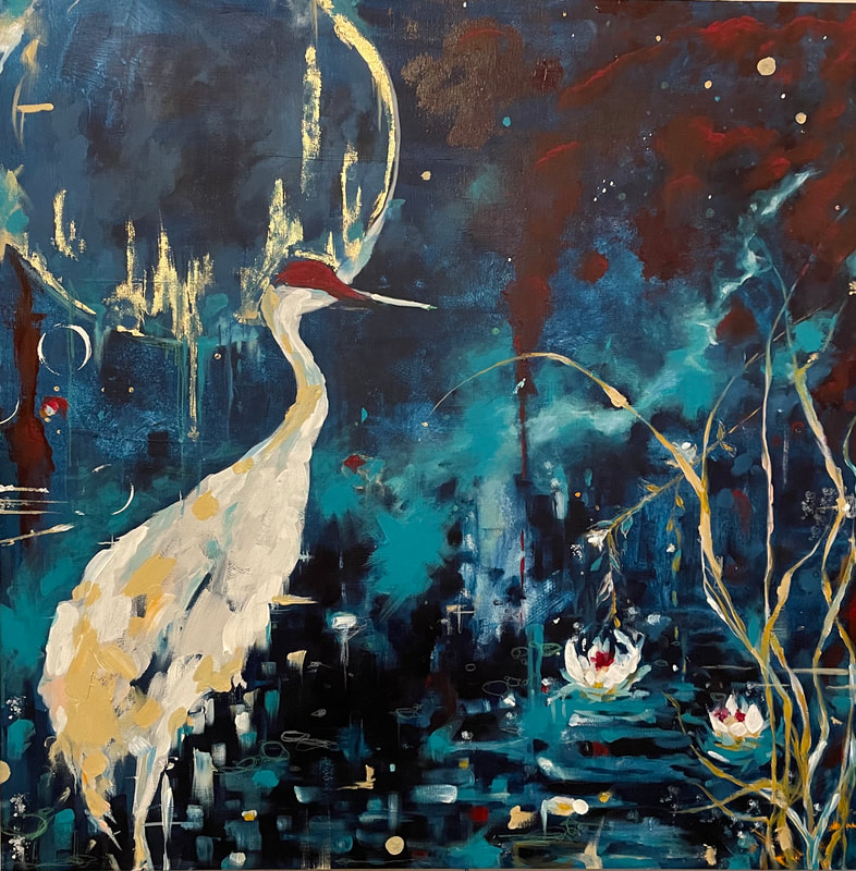 Sandhill Crane 30" x 30"acrylic & mixed media  on canvas painting by Lisa Coriell ©Lisa Coriell all rights reserved